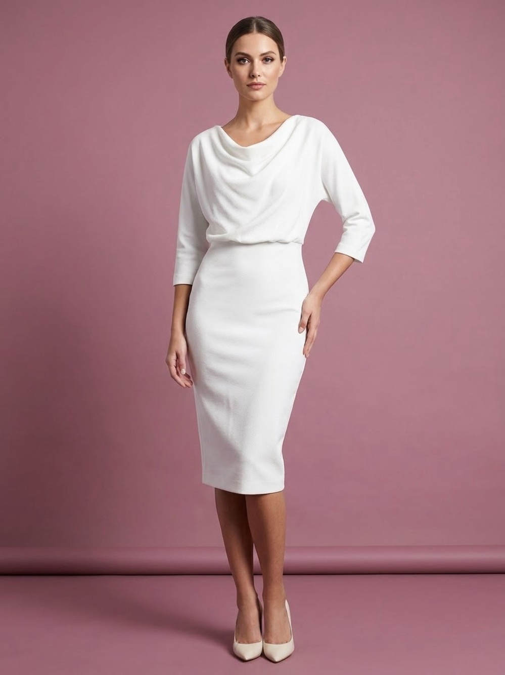 Badgley Mischka White Cowl Neck Blouson Sheath Dress 3/4 Sleeve Midi